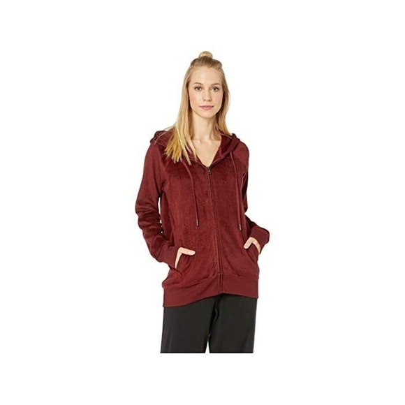 NEW PJ SALVAGE "Silky Lounge" Hoody Zip Front Jacket Merlot Red M Fuzzy Smooth - Picture 1 of 1